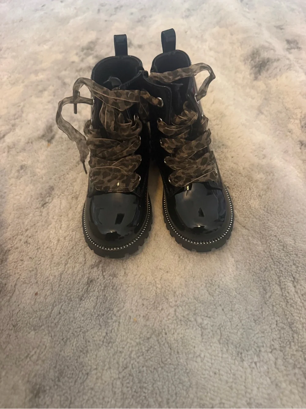 Kids Glossy Black Lace-Up Combat Boot with Patterned Laces